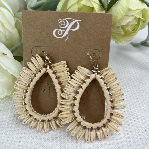 Plunder Design Earrings CREAM RAFFIA TEARDROP  Women’s New Tan Jewelry - Picture 1 of 4